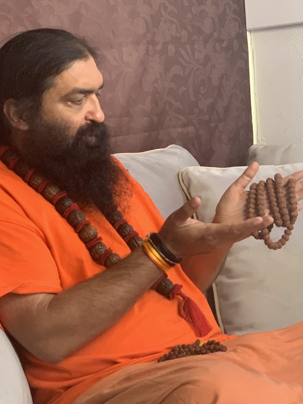 Swami Aditya in saffron robes, holding a rudraksha mala in quiet contemplation