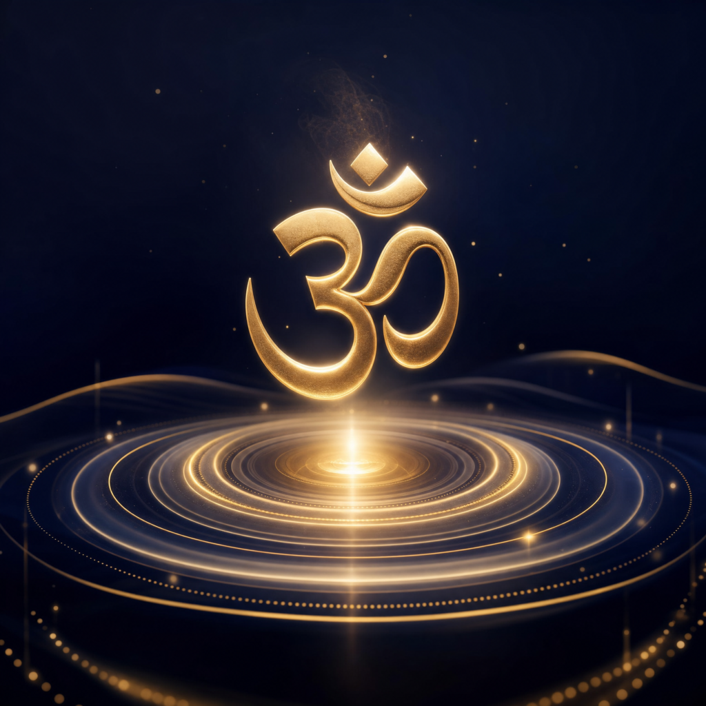 Golden Om symbol rising from rings of light